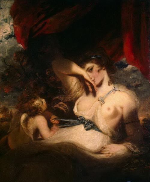 Леди Гамильтон в образе обольстительной Венеры. Амур развязывает пояс Венеры. Джошуа Рейнолдс.   