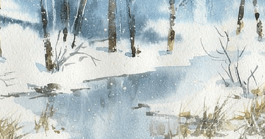 Видео курс акварели Марины Трушниковой Зимний пейзаж с березами акварелью и пластиковой картой